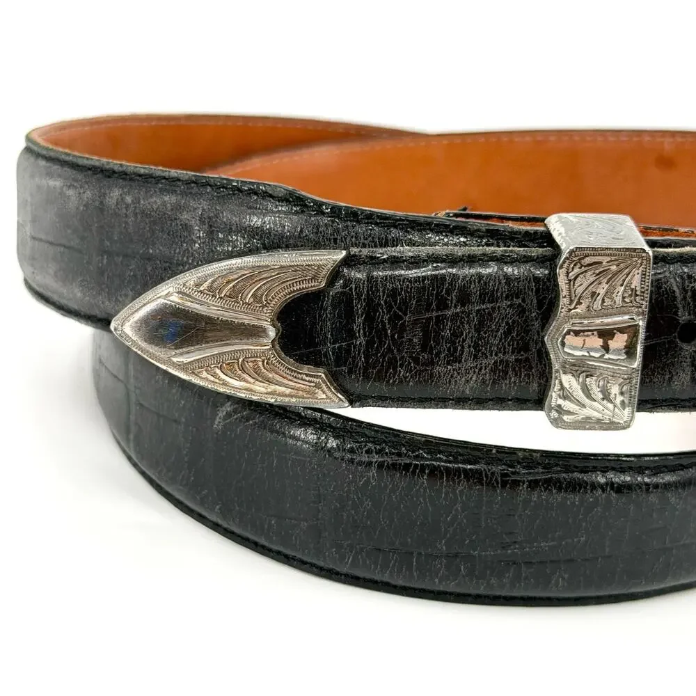 Vintage 90s Bill Adler Studio Black Genuine Leather Ornate Buckle Belt